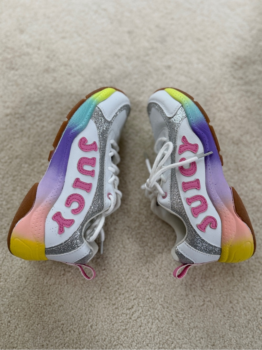 Juicy Couture Girls' Rainbow Glitter Lace-Up Sneakers - White/Pink